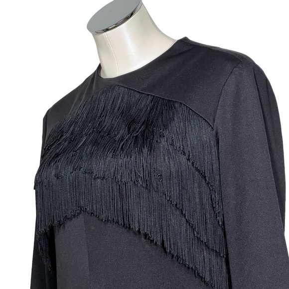 VINTAGE Long Sleeve Black Fringe Evening Gown Cocktail Dress Size 4-6 Medium - Picture 5 of 16